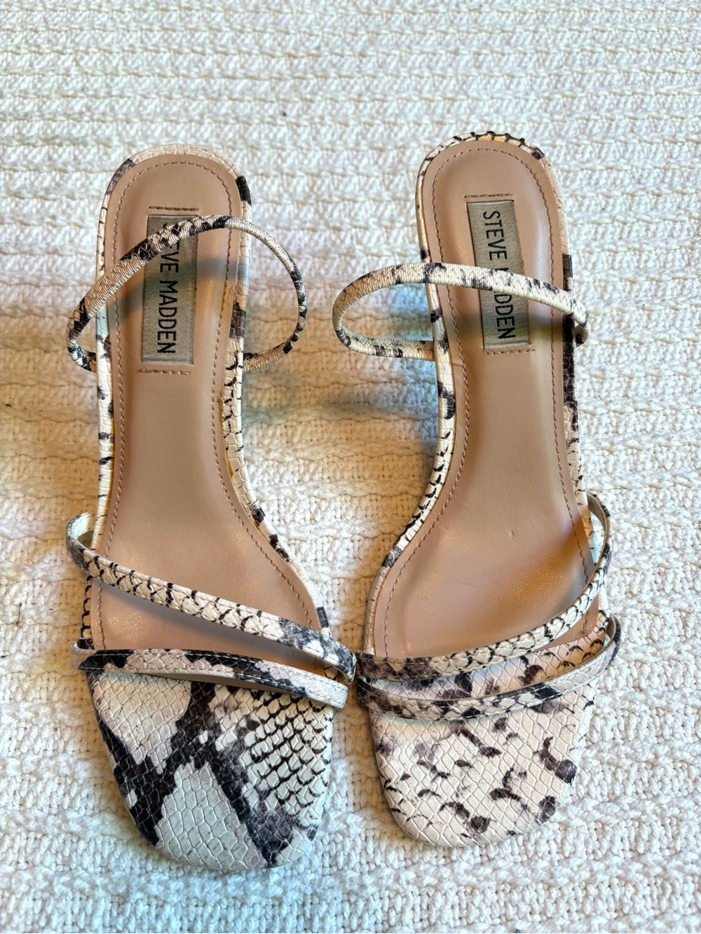 Steve Madden Beige and Black Snake-Print Strappy Kitten Heels